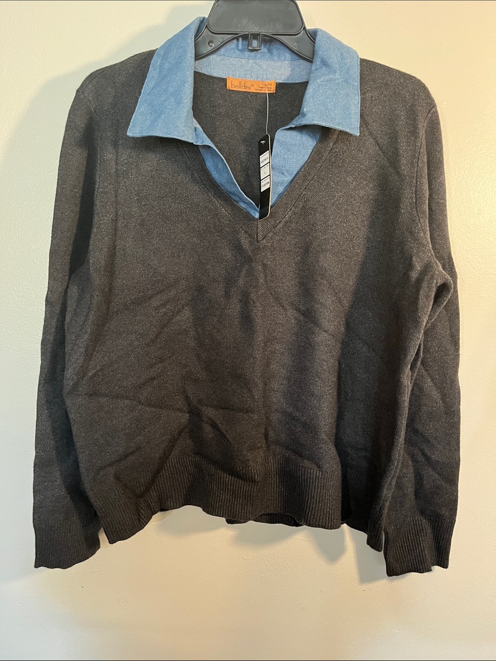 Belldini Charcoal V-Neck Sweater with Blue Collar
